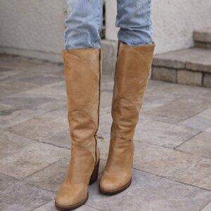 Schuler and Sons Tan Leather Knee-High Patchwork Boots Size 7.5